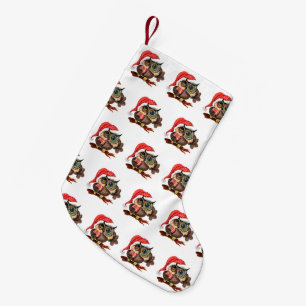 Cute Baby Owls In Christmas Hat and Gift For You Small Christmas Stocking