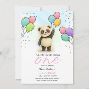 Cute Baby Panda Balloon 1st Birthday Party Pink Invitation