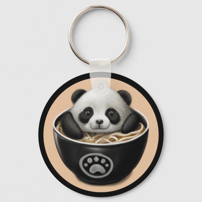 Cute Baby Panda Bear Bathing In A Bowl Of Ramen Key Ring (Front)