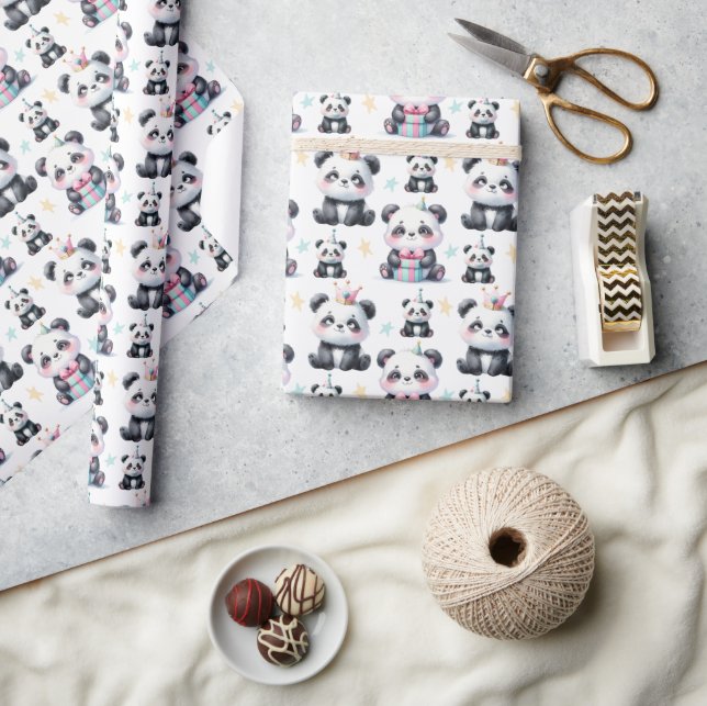 Cute Baby Panda Bear Pattern White Wrapping Paper (Crafts)