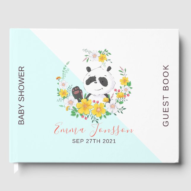 Cute baby Panda colourful floral wreath Guest Book (Front)
