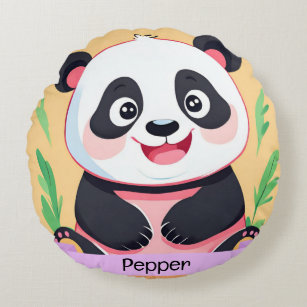 Cute Baby Panda Custom Name Round Cushion