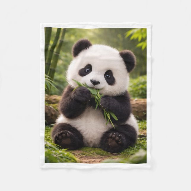 Cute Baby Panda Eating Bamboo Fleece Blanket (Front)