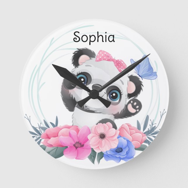 Cute Baby Panda Flower Wreath Custom Name     Round Clock (Front)