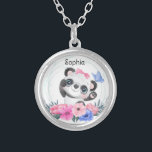 Cute Baby Panda Flower Wreath Custom Name      Silver Plated Necklace<br><div class="desc">Adorably Cute Baby Panda with ribbon and flower wreath. Great gift for panda fan, panda lovers or anyone who is crazy about pandas! A funny and cute panda gift for every occasion. Easy customisation of your princess name and font using the "Personalisation button". You can also "Transfer design to a...</div>