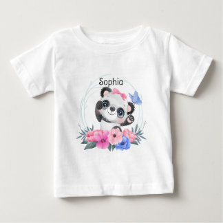 Cute Baby Panda Flower Wreath Custom Name T-Shirt