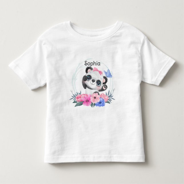 Cute Baby Panda Flower Wreath Custom Name          Toddler T-Shirt (Front)