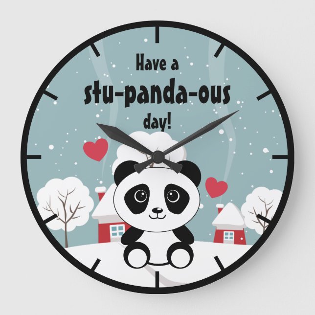 Cute Baby Panda In Winter Snow Grey Large Clock (Front)