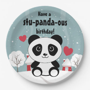 Cute Baby Panda In Winter Snow Grey Paper Plate