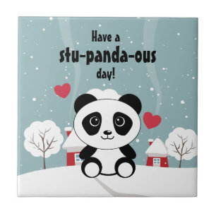 Cute Baby Panda In Winter Snow Grey Tile