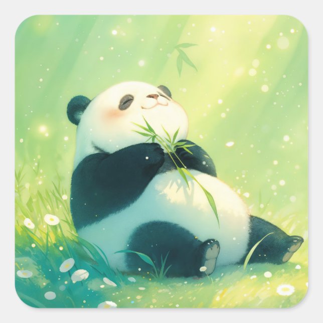 Cute Baby Panda Snacking on Bamboo Square Sticker (Front)