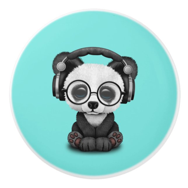 Cute Baby Panda Wearing Headphones Ceramic Knob (Front)