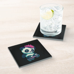 Cute Baby Panda with mohawk   Skater Panda Glass Coaster