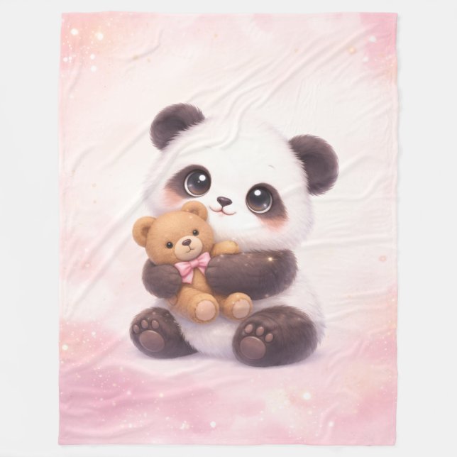 Cute Baby Panda with Teddy Bear Fleece Blanket (Front)