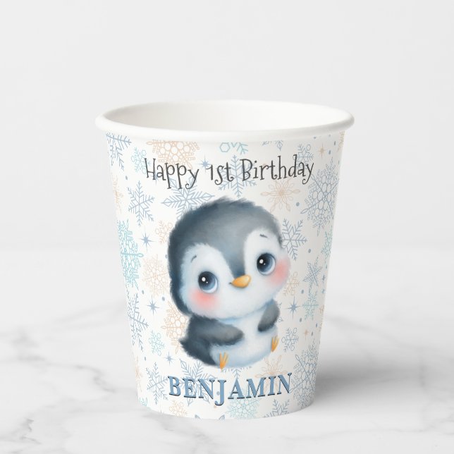 Cute Baby Penguin 1st Birthday Winter Paper Cups (Front)