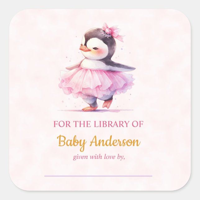 Cute Baby Penguin Ballerina Baby Shower Bookplate  Square Sticker (Front)