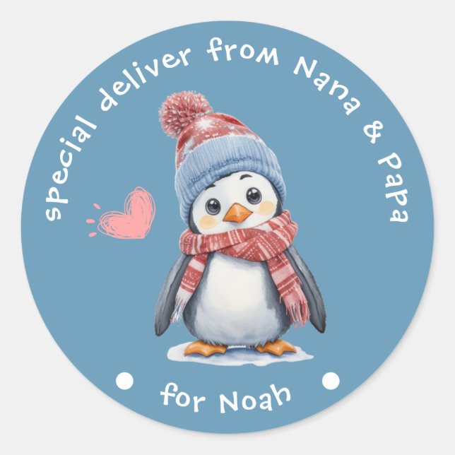 Cute Baby Penguin Blue Christmas for Kids Holiday Classic Round Sticker (Front)