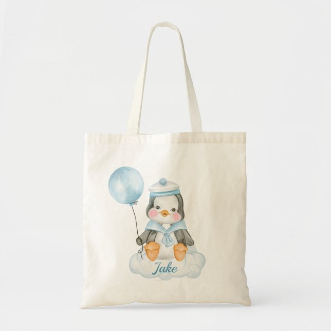 Cute Baby Penguin Blue Tote Bag (Front)
