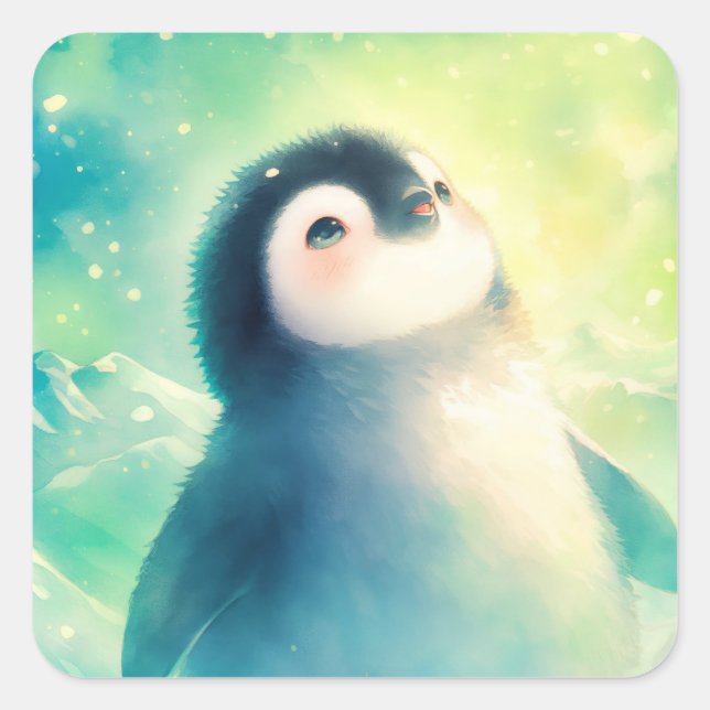 Cute Baby Penguin Gazing at Aurora Borealis Sky Square Sticker (Front)