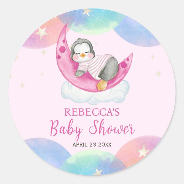 Cute Baby Penguin Pink Baby Shower  Classic Round Sticker (Front)