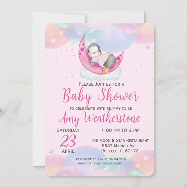 Cute Baby Penguin Pink Baby Shower  Invitation (Front)