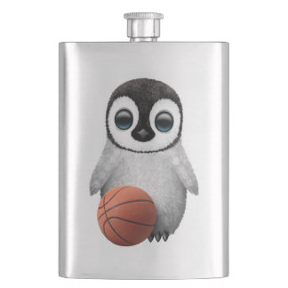 Cute Baby Penguin Playing With Basketball Hip Flask