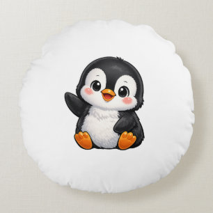 Cute Baby Penguin Waving Cartoon Character Kids Ka Round Cushion