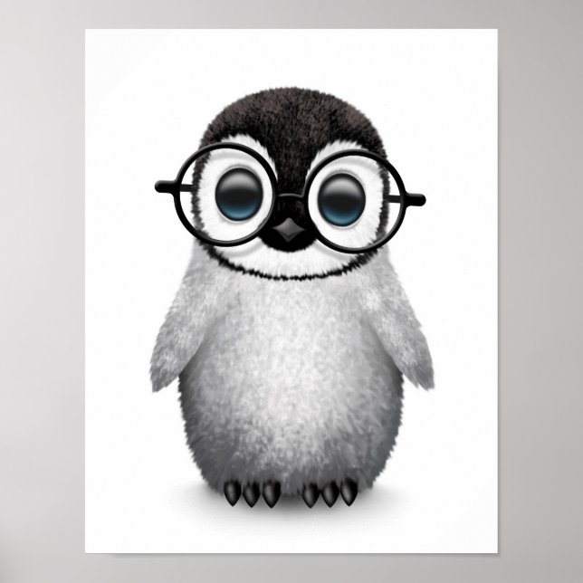 Cute Baby Penguin Wearing Eye Glasses on White Poster (Front)