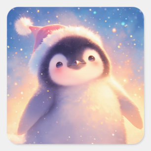 Cute Baby Penguin Wearing Red Santa Hat Square Sticker