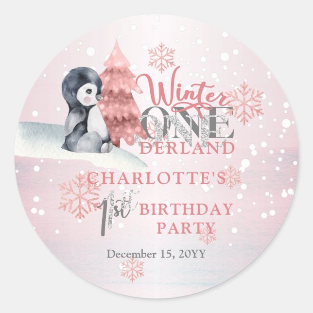 Cute Baby Penguin Winter ONEderland 1st Birthday Classic Round Sticker (Front)