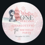 Cute Baby Penguin Winter ONEderland 1st Birthday Classic Round Sticker<br><div class="desc">Cute watercolor baby penguin with snow falling all around and pink evergreen tree "Winter ONEderland 1st Birthday Party".  Design is in pink,  grey,  dusky blue,  off black and white.  Simply personalise with your child's name and the date. Composite design by Holiday Hearts Designs.</div>