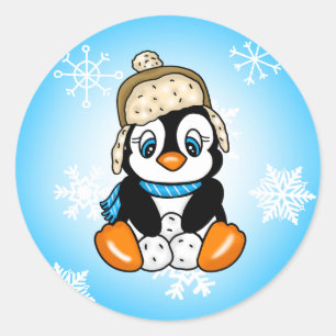 Cute Baby Penguin with Snowflakes Background Classic Round Sticker