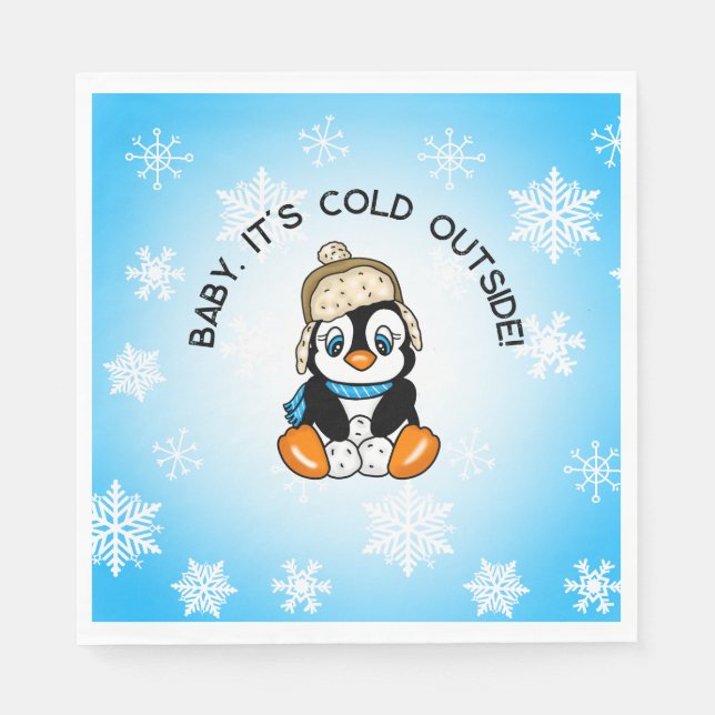 Cute Baby Penguin with Snowflakes Background Napkin (Front)