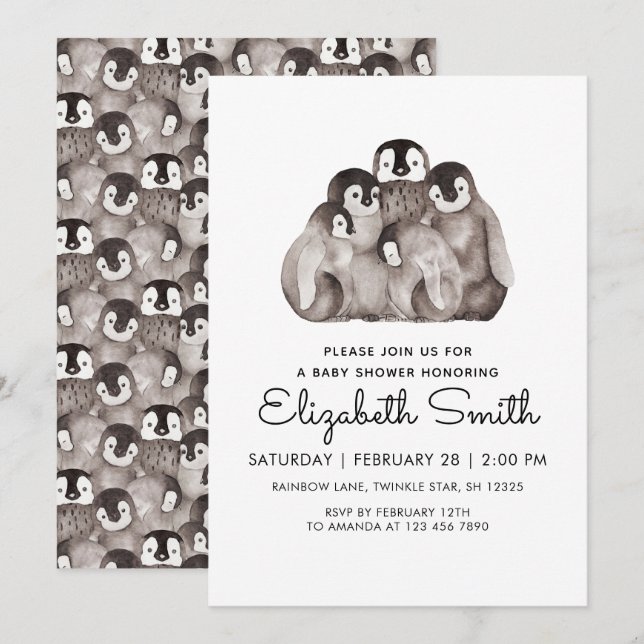 Cute Baby Penguins Winter Watercolor Baby Shower  Invitation (Front/Back)
