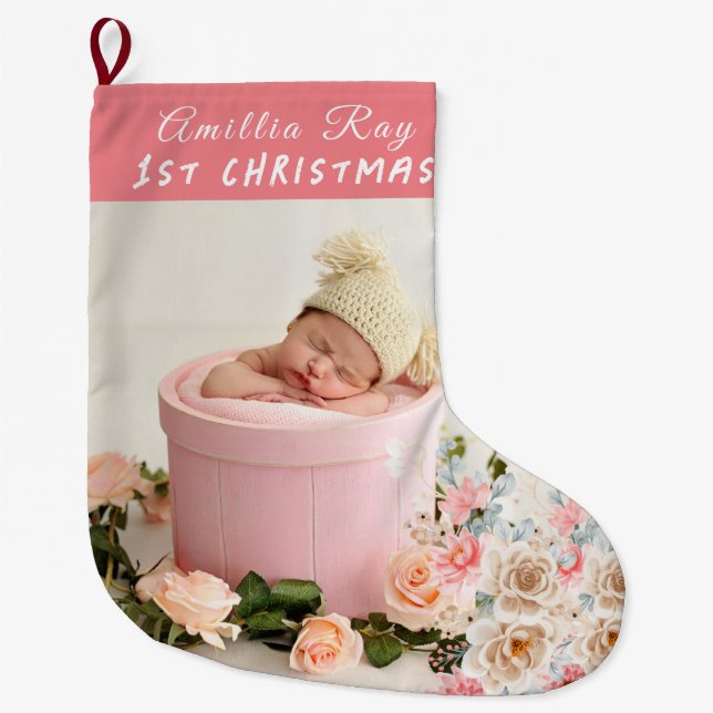cute Baby Photo Baby’s First Christmas  Large Christmas Stocking (Front)