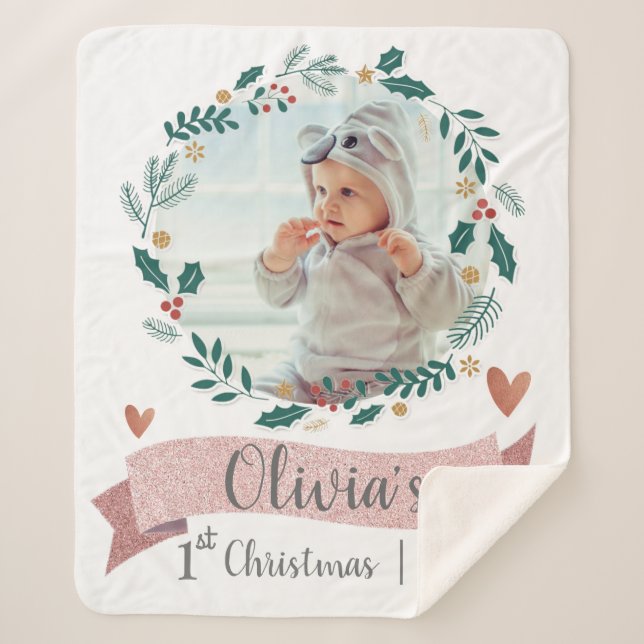 Cute Baby Photo First Christmas Pink Heart Wreath Sherpa Blanket (Front)