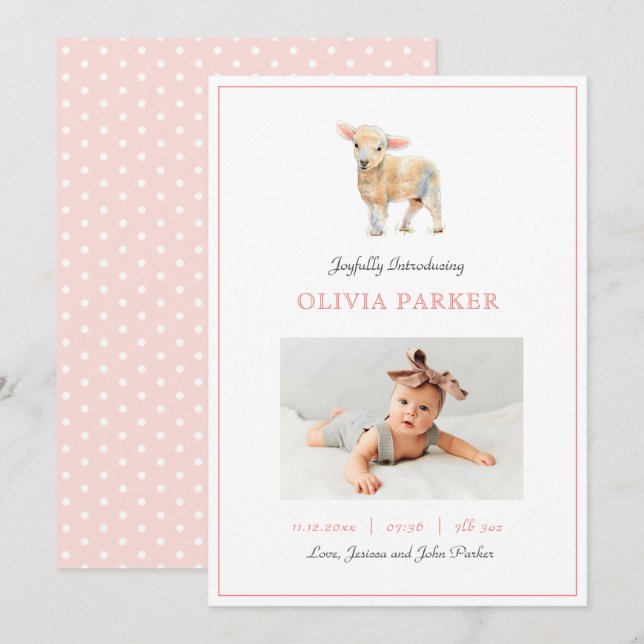 Cute Baby photo Little Lamb girl Birth Announcement (Front/Back)