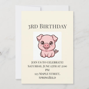 Cute Baby Pig 3rd Birthday Invitation