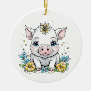 Cute Baby Piglet with Flower on her Head Ceramic Tree Decoration