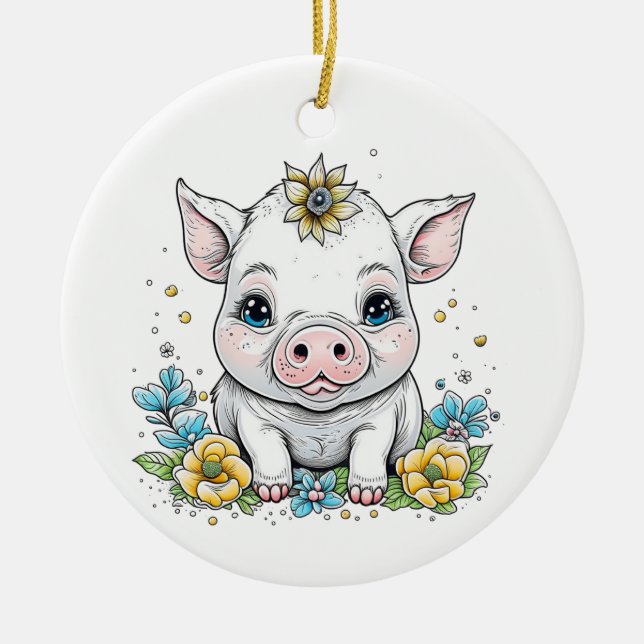 Cute Baby Piglet with Flower on her Head Ceramic Tree Decoration (Front)