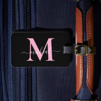 Cute Baby Pink & Black Monogram Script Name Luggage Tag