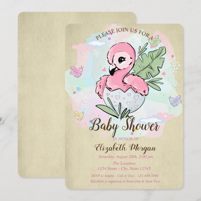 Cute Baby Pink Flamingo Butterflies Baby Shower  Invitation (Front/Back)