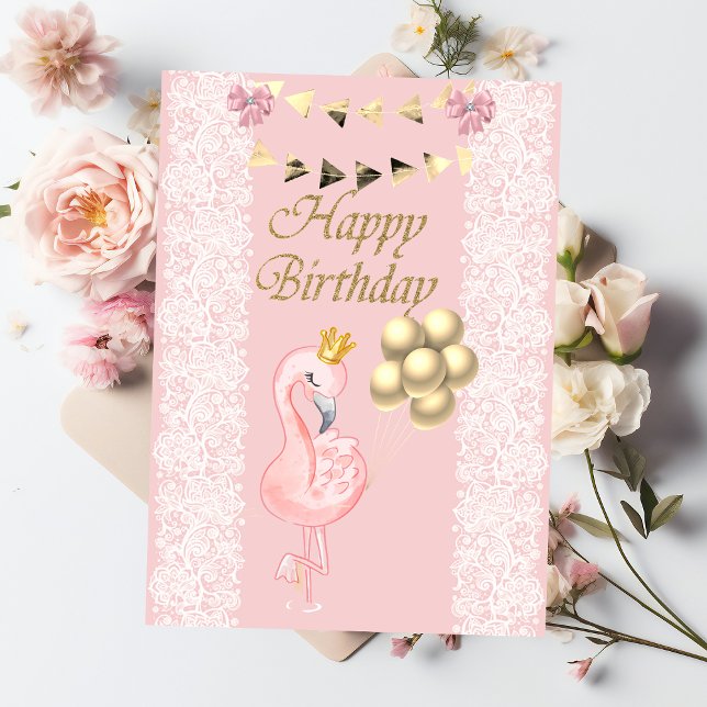 Cute Baby Pink Flamingo Crown Balloons Birthday Card (Creator Uploaded)