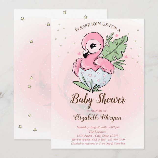 Cute Baby Pink Flamingo Stars Baby Shower  Invitation (Front/Back)