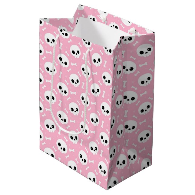 Cute Baby Pink Skull & Bones Halloween Pattern Medium Gift Bag (Front Angled)