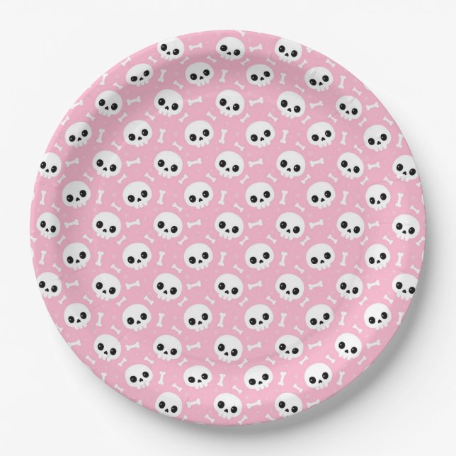 Cute Baby Pink Skull & Bones Halloween Pattern Paper Plate (Front)