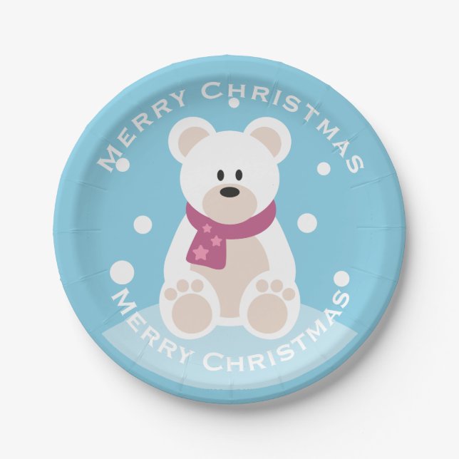 Cute Baby Polar Bear Merry Christmas Party Paper Plate (Front)