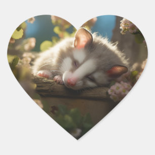 Cute baby possum sleeping in the garden heart sticker