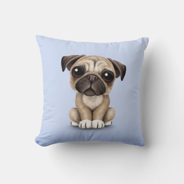 Cute Baby Pug Puppy Dog on Light Blue Cushion (Front)