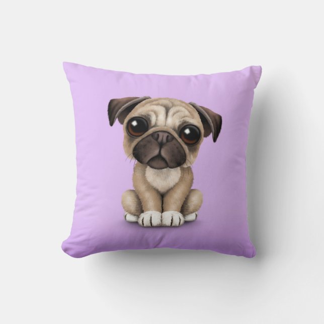 Cute Baby Pug Puppy Dog on Purple Cushion (Front)